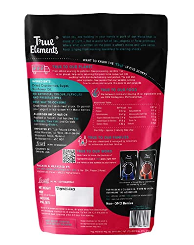 True Elements Dried Cranberries 125g - Antioxidant Rich