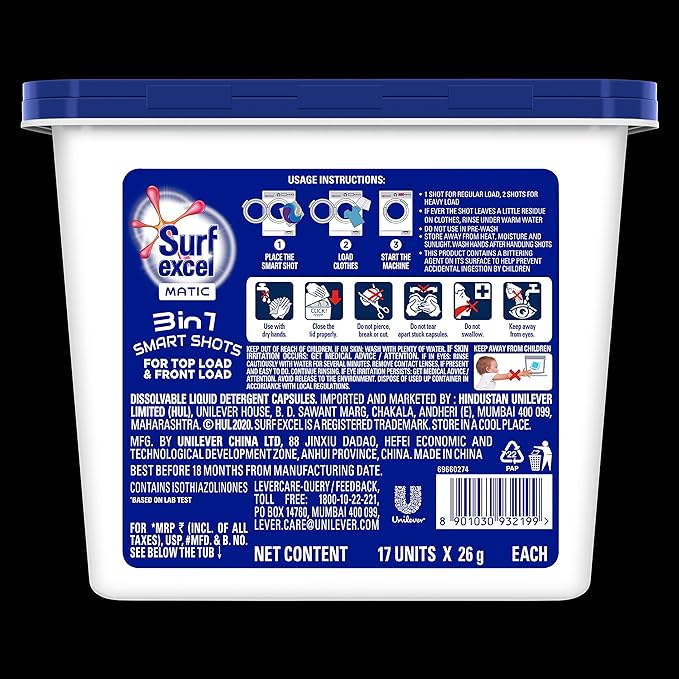 Surf Excel 3-in-1 Smart Shots Liquid Detergent For Front Load & Top Load Washing Machines