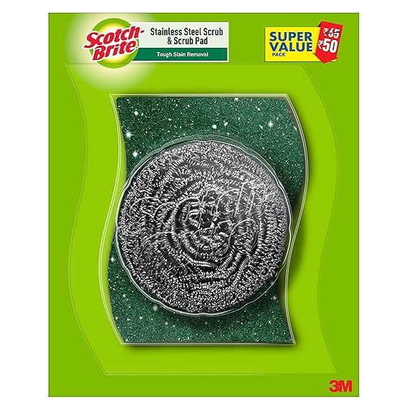 Scotch Brite 1 Stainless Steel Scrubber and 2 Scrub pads Combo