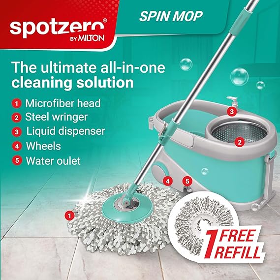 Spotzero by Milton Prime Spin Mop with Big Wheels and Stainless Steel Wringer Bucket