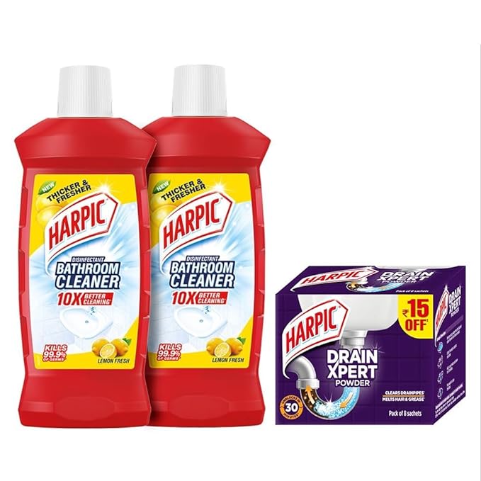 Harpic Disinfectant Bathroom Cleaner Liquid (Pack of 2) and Harpic Drain Xpert Drain Cleaning Powder (Pack of 8) Combo