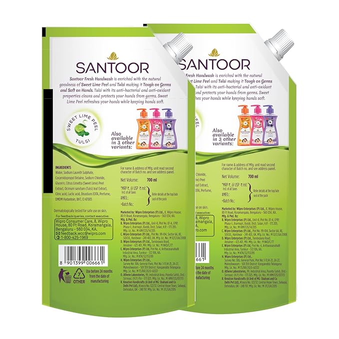 Santoor Fresh Gentle Sweet Lime Peel & Tulsi Hand Wash, Pack of 2