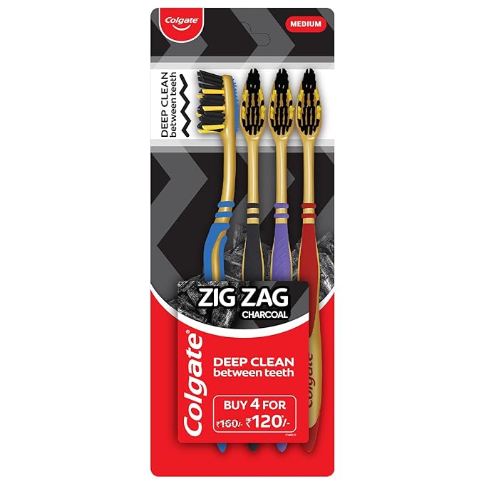 Colgate ZigZag Charcoal Medium Bristle Manual Toothbrush, Pack of 4