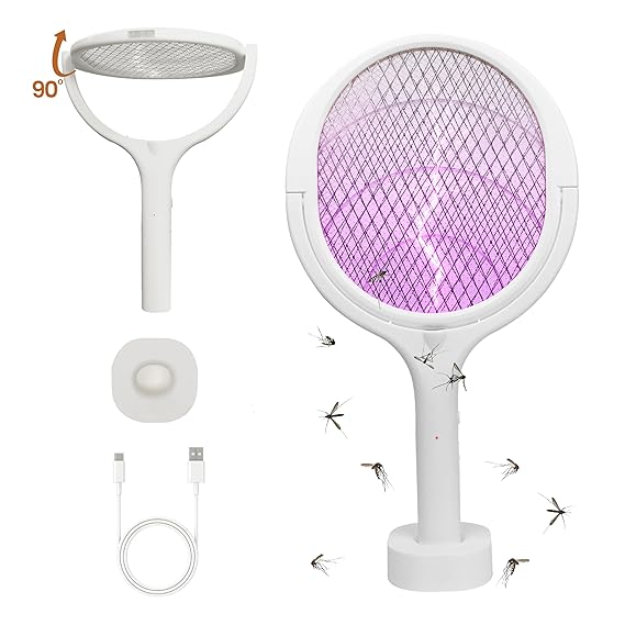 Dravina Unique 90 Degree Rotating Electric Bug Fly Swatter with Stand & UV Night Light