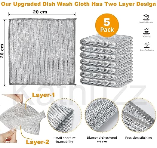 Kathuzz Non Scratch Dish Wash Cloth (Pack of 5)