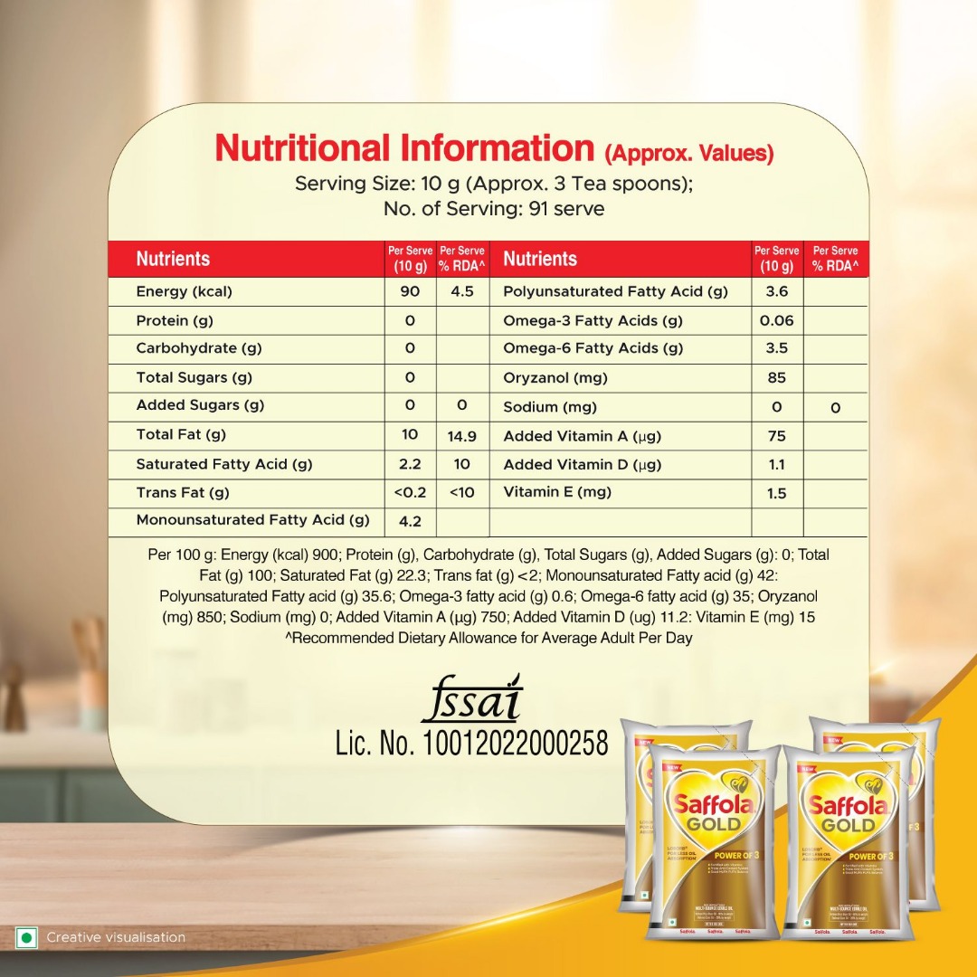 Saffola Gold| Power of 3 | Blend of Rice Bran & Corn Blended Oil Pouch