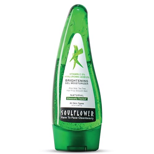 Soulflower Vitamin C Hyaluronic Acid Aloe Vera Tea Tree Gel for Hair fall & Skin Brightening, Dandruff, Acne