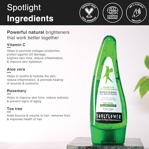 Soulflower Vitamin C Hyaluronic Acid Aloe Vera Tea Tree Gel for Hair fall & Skin Brightening, Dandruff, Acne