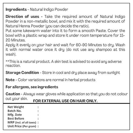 H& C Herbal Ingredients Expert Natural Indigo (Indigofera Tinctoria) Powder for Hair | Black