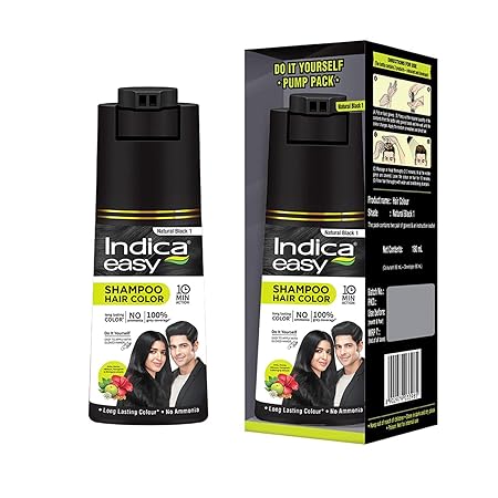 Indica Easy Do-It-Yourself Hair Color Shampoo Pump Pack with 5 Herbal Extracts and 100% Ammonia Free | Long Lasting Formula | Natural Black