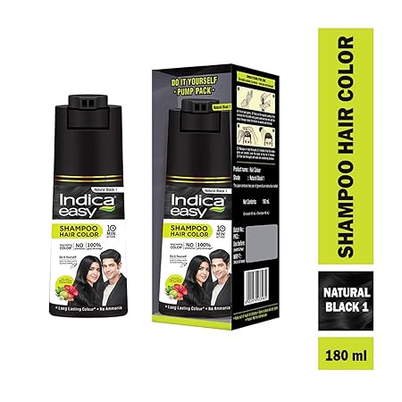 Indica Easy Do-It-Yourself Hair Color Shampoo Pump Pack with 5 Herbal Extracts and 100% Ammonia Free | Long Lasting Formula | Natural Black