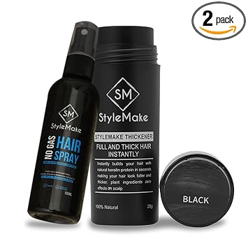 StyleMake Thickener Hair Loss Concealer with Hair Spray - Hair Building Fibers - Hair Fibers For Thin & Fine Hair - Hair Thickening Fibers for Men & Women- Combo Pack (Black)