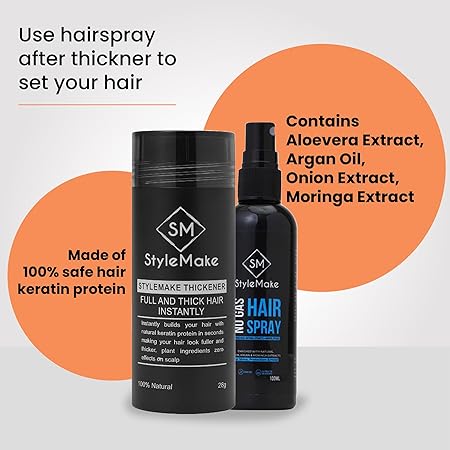 StyleMake Thickener Hair Loss Concealer with Hair Spray - Hair Building Fibers - Hair Fibers For Thin & Fine Hair - Hair Thickening Fibers for Men & Women- Combo Pack (Black)