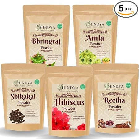 Amla Reetha Shikakai, Bhringraj and Hibiscus Powder for Hair, Pack of 5
