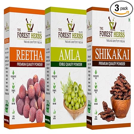 The Forest Herbs Natural Care From Nature 100% Natural Organic Amla, Reetha, Shikakai Powder For Hair Care, Pack Of 3