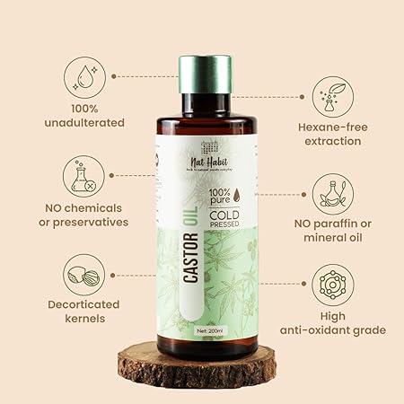 Nat Habit Cold Pressed 100% Pure Castor (Arandi) Oil for Skin & Hair With Vitamin E, Omega-6 & 9, Mineral Free & Preservative Free