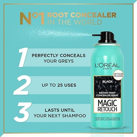 Loreal Paris Instant Root Concealer Spray | Ideal for Touching Up Grey Root Regrowth | Magic Retouch | 1 Black