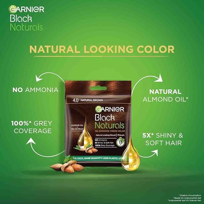 Garnier Hair Colouring Creame, 100% Grey Coverage, Black Naturals, 4.0 Natural Brown