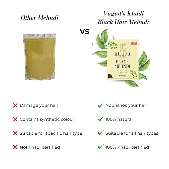 Vagad's Khadi Herbal Gramodaya Pure Natural Black Mehndi For Hair With Goodness of Neem For Longlasting Natural Hair Colour