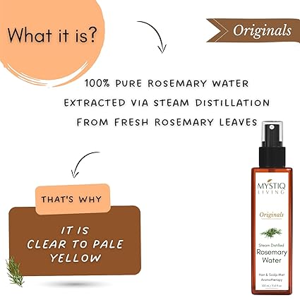 Mystiq Living Rosemary Water for Hair Growth | Mist Spray Steam Distilled 100% Pure and Natural Hydrosol