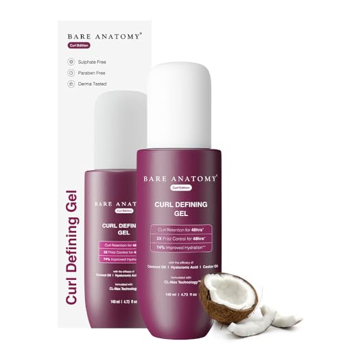 Bare Anatomy Curl Defining Gel For Well Defined Shiny Curls, Curl Retention & 2X Frizz Protection For 48 Hours, Coconut Oil, Hyaluronic Acid & Castor Oil