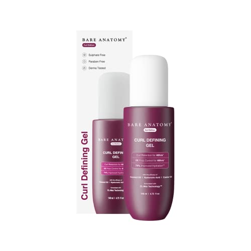 Bare Anatomy Curl Defining Gel For Well Defined Shiny Curls, Curl Retention & 2X Frizz Protection For 48 Hours, Coconut Oil, Hyaluronic Acid & Castor Oil