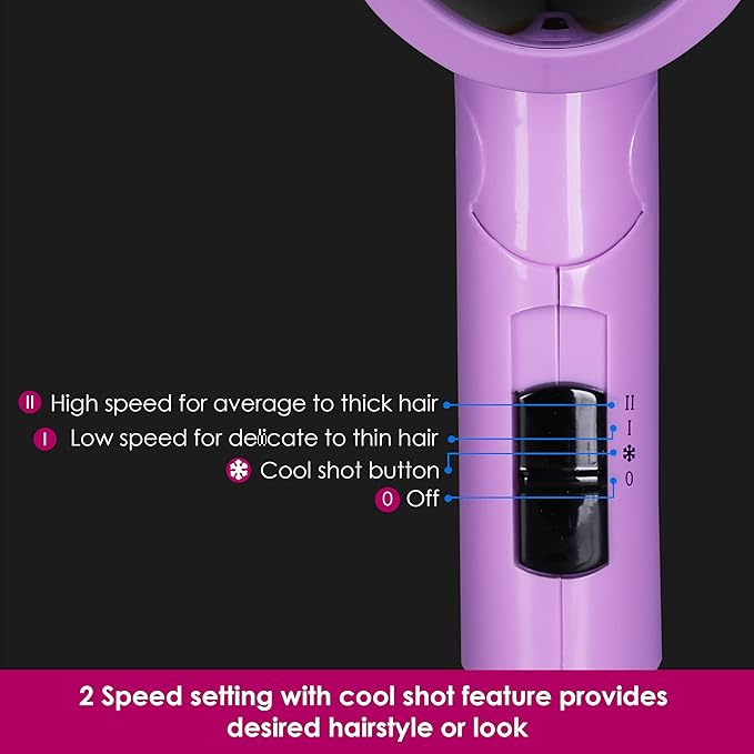 AGARO HD-1211 Hair Dryer 1100 Watts | 2 Heat Speed and Cool Mode Foldable | Purple