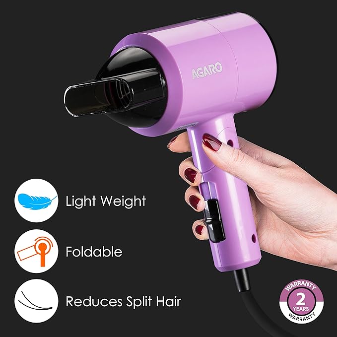 AGARO HD-1211 Hair Dryer 1100 Watts | 2 Heat Speed and Cool Mode Foldable | Purple