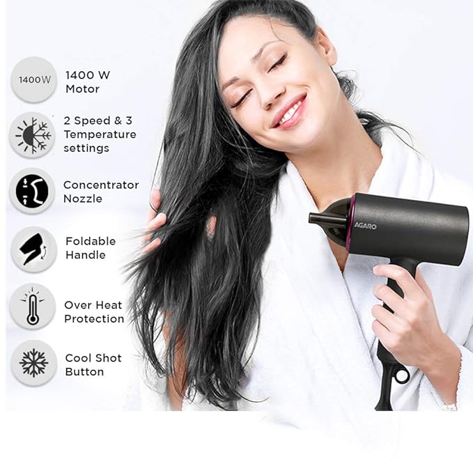 AGARO HD-1214 Premium Hair Dryer with 1400 Watts Motor | Black