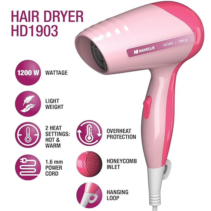 Havells HD1903 1200 Watts Powerful Hair Dryer | 2 Heat (Hot & Warm) Settings | Premium Pink