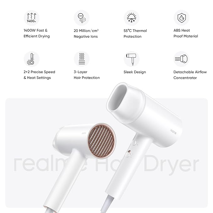 realme Hair Dryer 1400Watts with Ionic Technology | Dual Temperature & Speed Settings | White