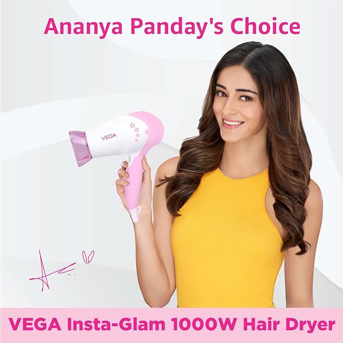 VEGA Insta Glam Foldable 1000 Watts Hair Dryer With 2 Heat & Speed Settings | VHDH-20