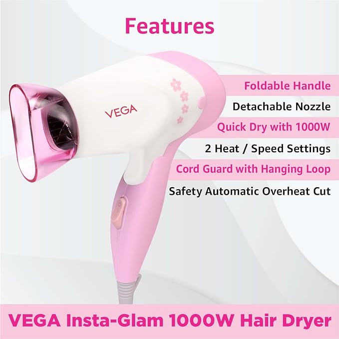 VEGA Insta Glam Foldable 1000 Watts Hair Dryer With 2 Heat & Speed Settings | VHDH-20
