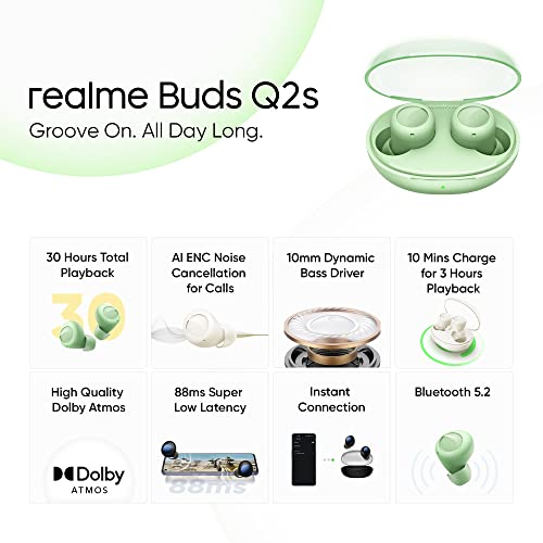 Realme Buds Q2s Bluetooth Truly Wireless in Ear Earbuds with Mic | Green