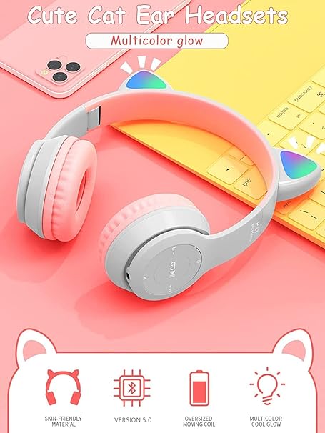 Daemon Headphonestooth Wireless Headphones for Kids | Over-Ear Bluetooth Headphones with Mic | Baby Cat Ash Grey