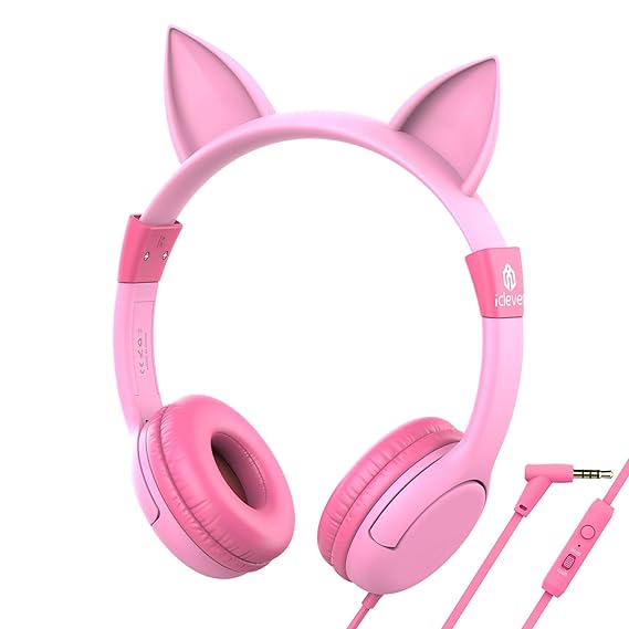 iClever Kids Headphones for Girls Gift Over Ear Headphones | Wired Cat Ear Led Light Up Children Headphones