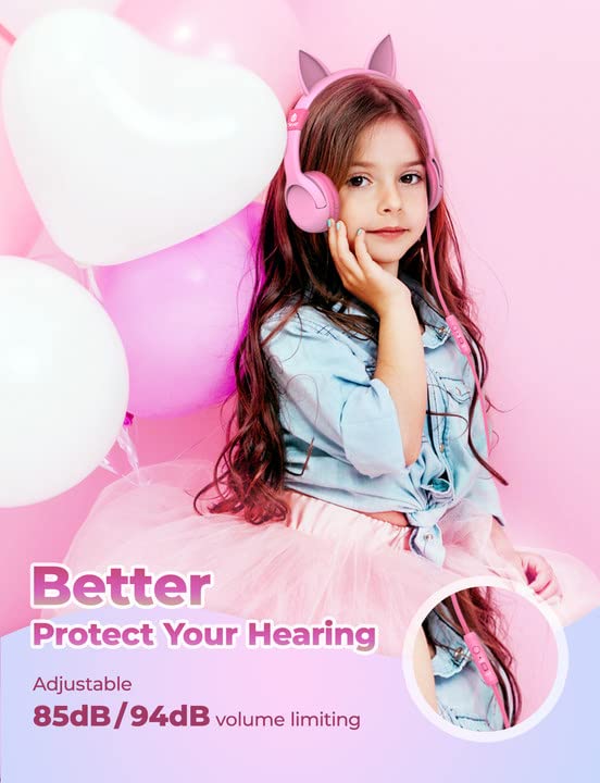 iClever Kids Headphones for Girls Gift Over Ear Headphones | Wired Cat Ear Led Light Up Children Headphones