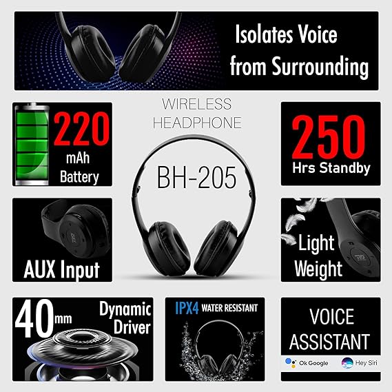 RD BH-205 Wireless Over Ear Headphone, Black