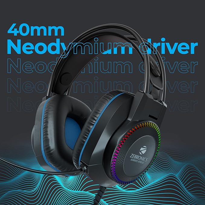 ZEBRONICS Jet Premium Wired Gaming On Ear Headphone with LED Light for earcups | 40mm Neodymium Drivers &Blue
