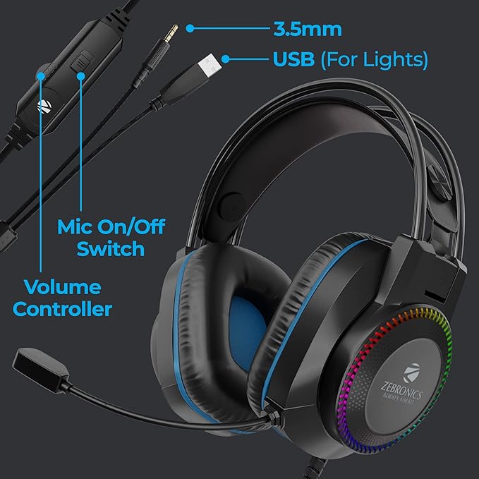ZEBRONICS Jet Premium Wired Gaming On Ear Headphone with LED Light for earcups | 40mm Neodymium Drivers &Blue
