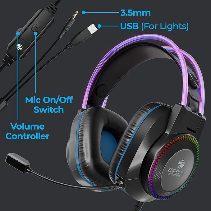 Zebronics Jet PRO Premium Wired Gaming On Ear Headphone with LED for Headband Plusearcups