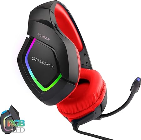 Zebronics Zeb-Rush Premium Wired Gaming On Ear Headphone with RGB LEDs | Dual 3.5mm Jack