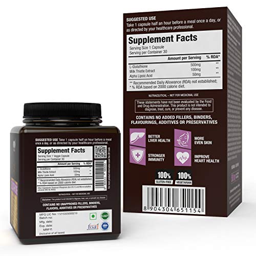 WoW Glutathione with Milk Thistle Extract 500 Mg, 30 Veg Capsules