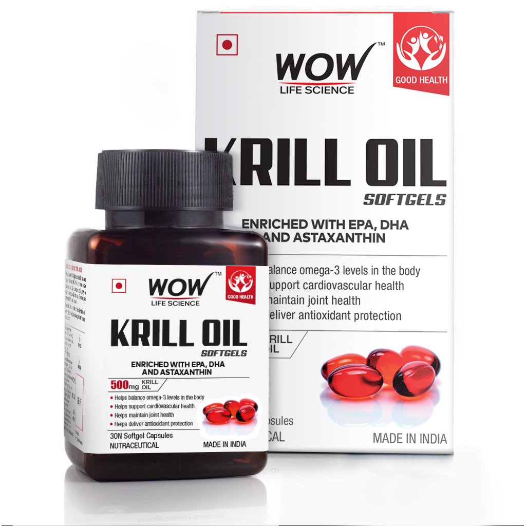 WoW Krill Oil Softgels, Enriched with EPA, DHA & Astaxanthin, 500mg Krill Oil, 30 Softgel Capsules