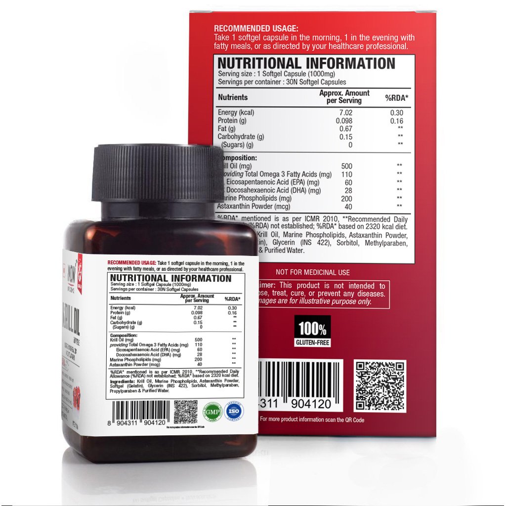 WoW Krill Oil Softgels, Enriched with EPA, DHA & Astaxanthin, 500mg Krill Oil, 30 Softgel Capsules