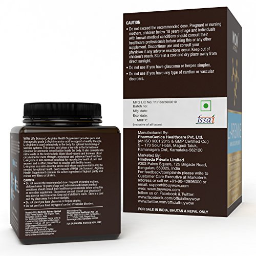 WoW L-Arginine Amino Acid Supplement 1000Mg, 60 Veg Capsules
