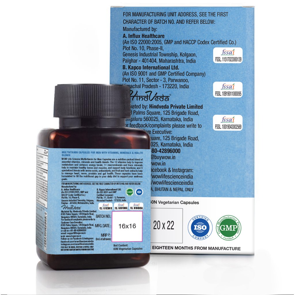 WoW Multivitamin for Men, with Glycine, Green Tea, Turmeric, Vitamins, 60 Veg Capsules