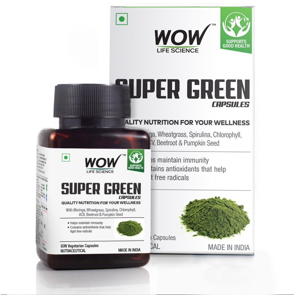 WoW Super Green Capsules, with Moringa, Wheatgrass, Spirulina, ACV, Beetroot, Chlorophyll & Pumpkin Seed, 550Mg, 60 Veg Capsules