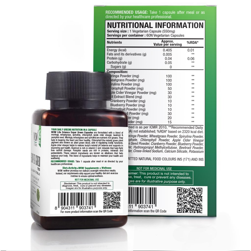 WoW Super Green Capsules, with Moringa, Wheatgrass, Spirulina, ACV, Beetroot, Chlorophyll & Pumpkin Seed, 550Mg, 60 Veg Capsules