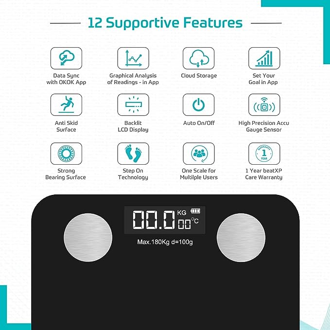 beatXP Smart Bluetooth BMI Weight Machine for Body Weight Wireless Body Composition Scale with Easy App Sync
